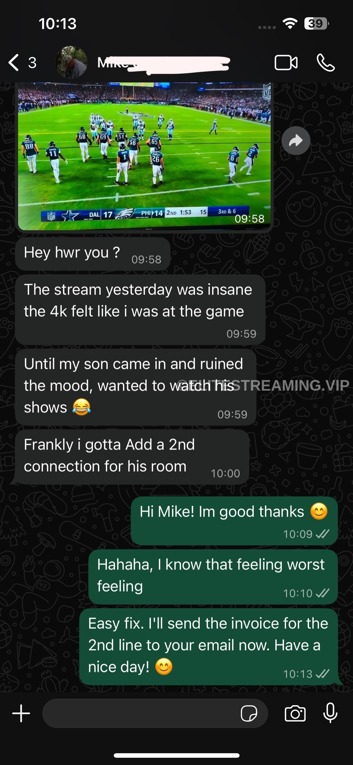 Chat screenshot showing a successful setup support experience for Gamma IPTV.